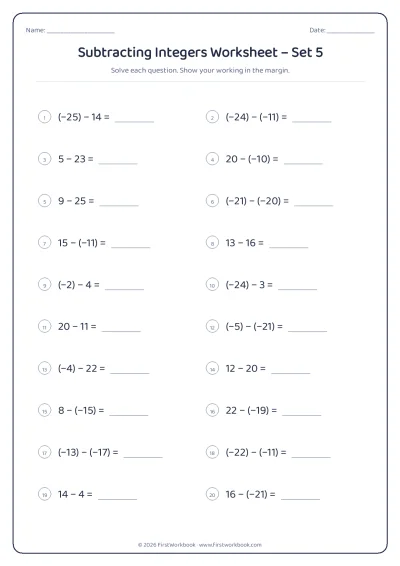 subtracting integers maths worksheet