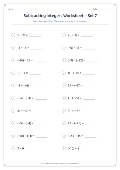 subtracting integers maths worksheet