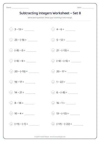 subtracting integers maths worksheet