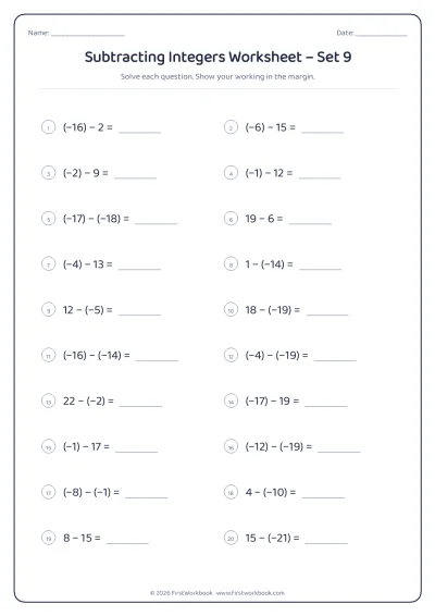 subtracting integers maths worksheet