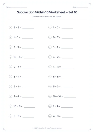 Subtraction Within 10 practice worksheet with 20 sums and writing lines