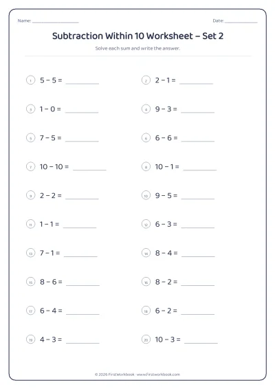 Subtraction Within 10 practice worksheet with 20 sums and writing lines