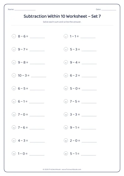 Subtraction Within 10 practice worksheet with 20 sums and writing lines