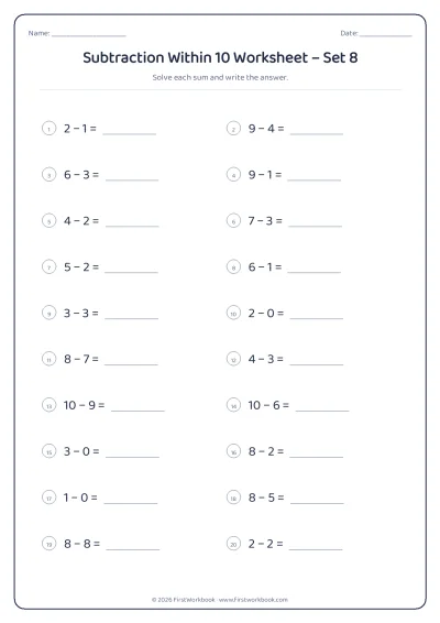Subtraction Within 10 practice worksheet with 20 sums and writing lines