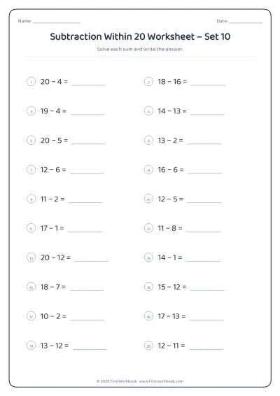 Subtraction Within 20 practice worksheet with 20 sums and writing lines