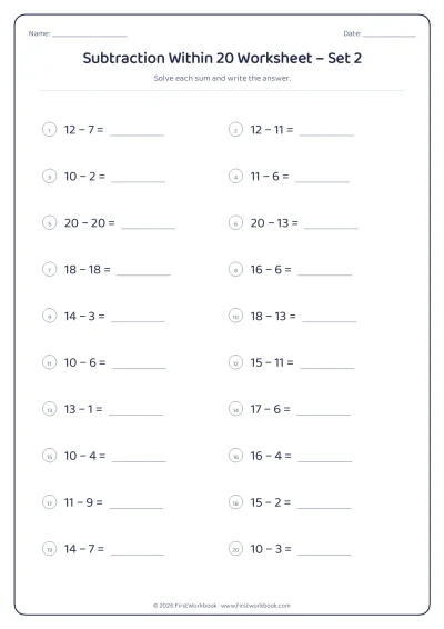 Subtraction Within 20 practice worksheet with 20 sums and writing lines