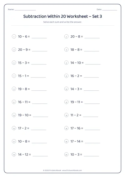 Subtraction Within 20 practice worksheet with 20 sums and writing lines