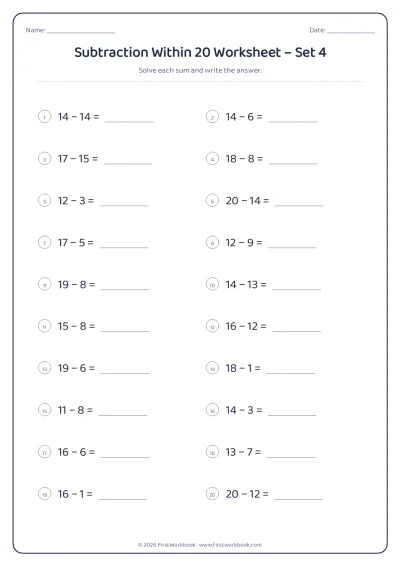Subtraction Within 20 practice worksheet with 20 sums and writing lines