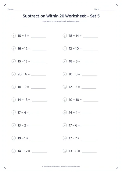 Subtraction Within 20 practice worksheet with 20 sums and writing lines