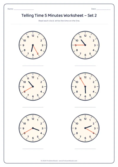telling time worksheet with clocks showing times to the nearest 5 minutes