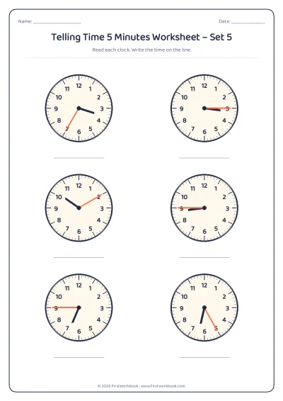 telling time worksheet with clocks showing times to the nearest 5 minutes