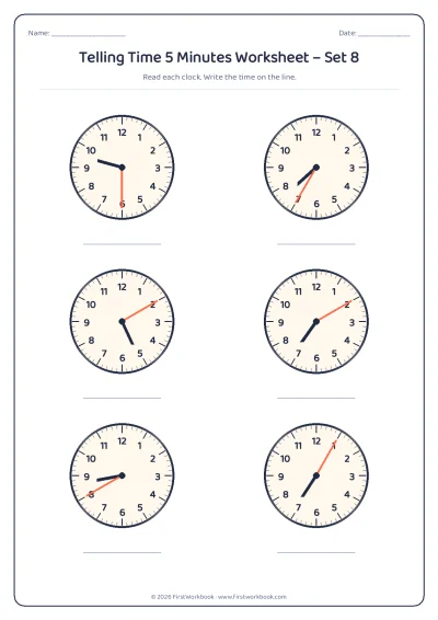 telling time worksheet with clocks showing times to the nearest 5 minutes
