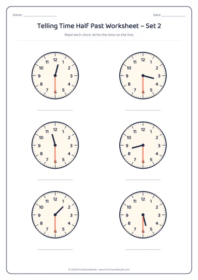 telling time worksheet with clocks showing o'clock and half past times