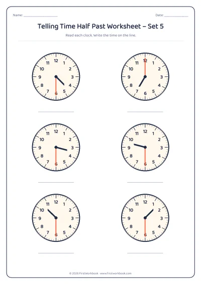 telling time worksheet with clocks showing o'clock and half past times