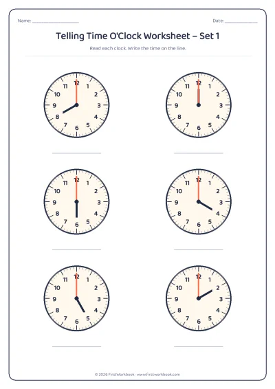 telling time worksheet with clocks showing o'clock times on the hour