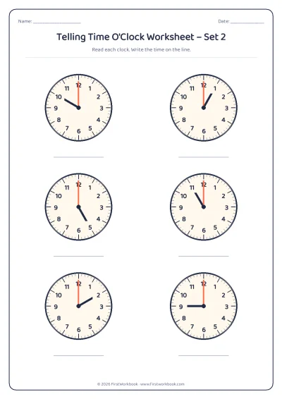 telling time worksheet with clocks showing o'clock times on the hour