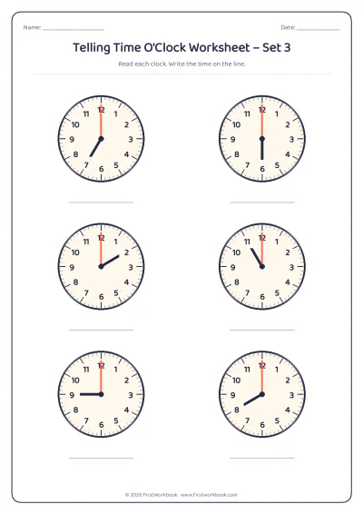 telling time worksheet with clocks showing o'clock times on the hour