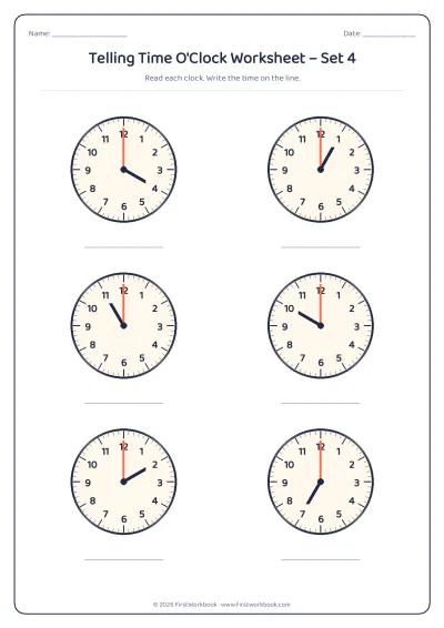 telling time worksheet with clocks showing o'clock times on the hour