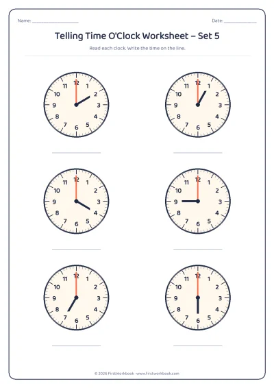 telling time worksheet with clocks showing o'clock times on the hour
