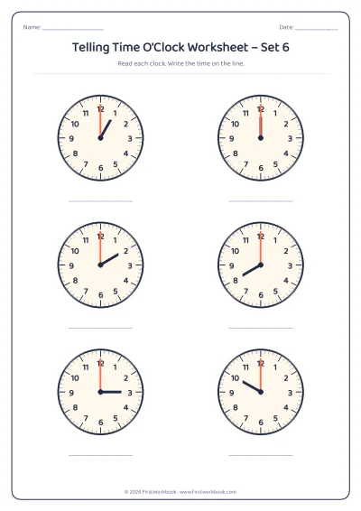 telling time worksheet with clocks showing o'clock times on the hour