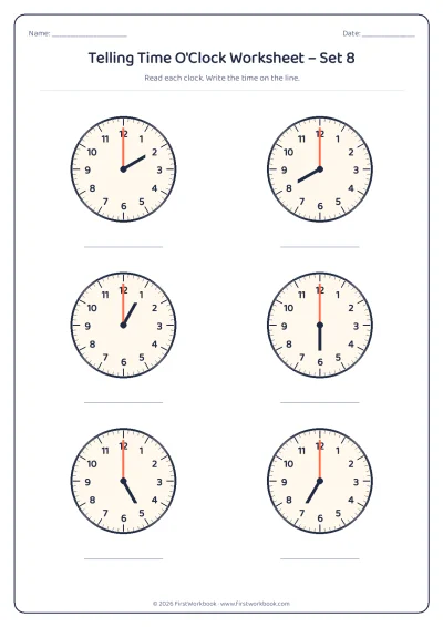 telling time worksheet with clocks showing o'clock times on the hour