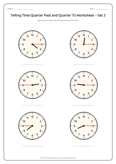 telling time worksheet with clocks showing quarter past, half past and quarter to