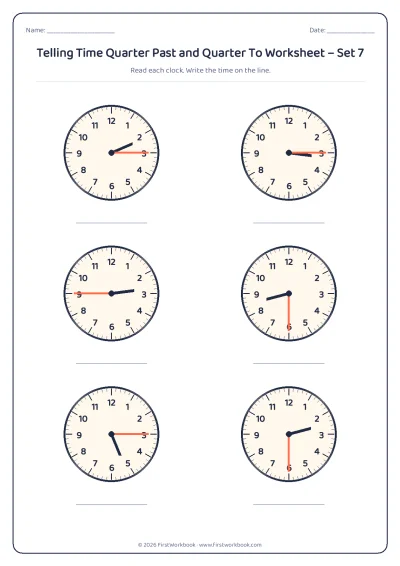 telling time worksheet with clocks showing quarter past, half past and quarter to