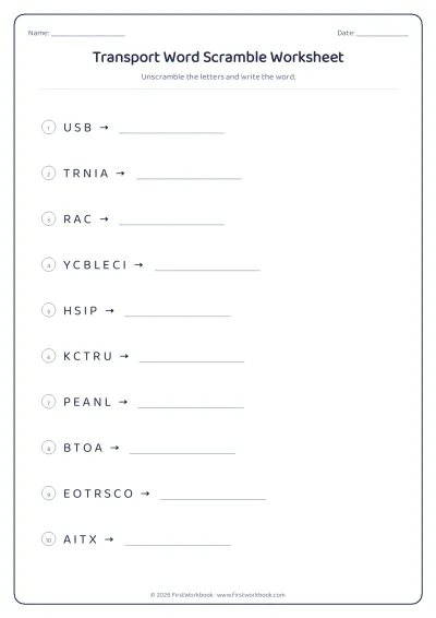 transport word scramble worksheet