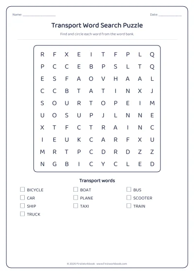 transport word search puzzle worksheet