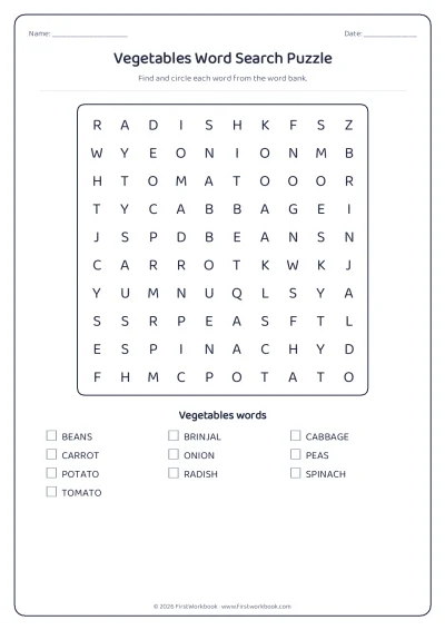 vegetables word search puzzle worksheet