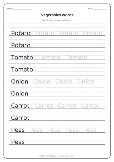 vegetables words tracing worksheet