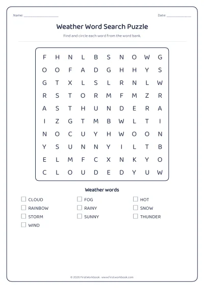 weather word search puzzle worksheet